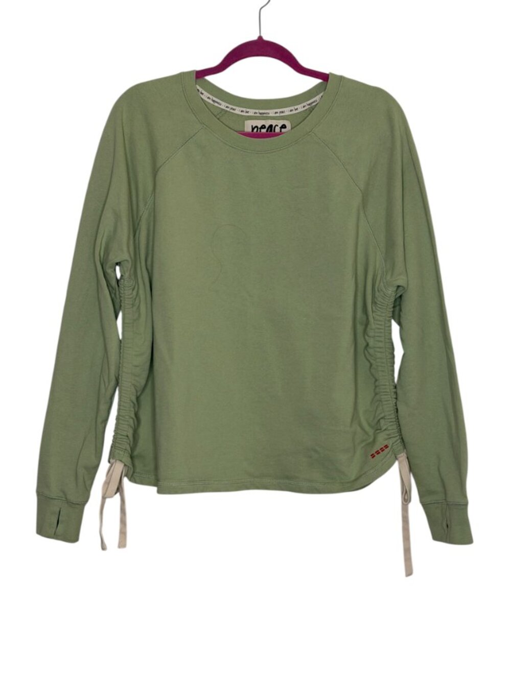 Peace Love World Sweatshirt Fleece Top Blouse Cinch Ruched Women Green M